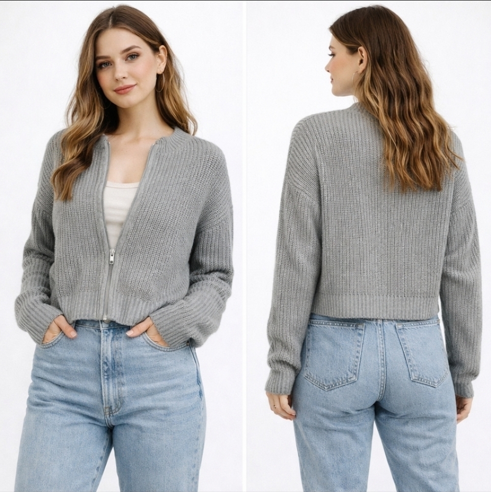 Grey Ribbed Zip Front Cardigan Size M